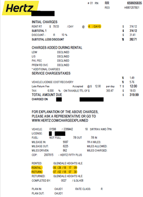 The final receipt from my rental. Notice that the charge is for four days, now including the Sunday that the location was closed.