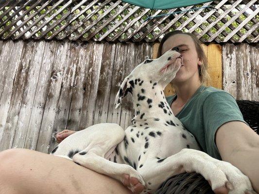 Staff snuggling with Argos during his outside play time