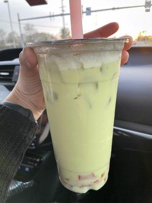 Honeydew milk tea with nata jelly