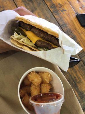 Double meat tortilla burger with tater tots