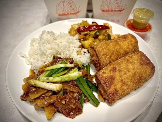 Mongolian beef, Kung Pao chicken, egg rolls, rice.