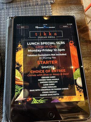 Lunch special menu