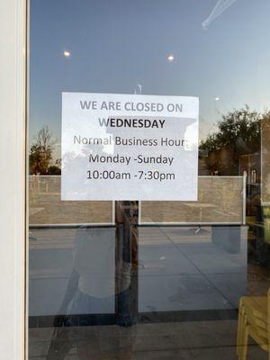 Hours. Closed on Wednesday!