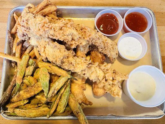 Combination Platter: Chicken Tenders, Chicken Fried Steak Strips, Fried Okra and Handcut Fries