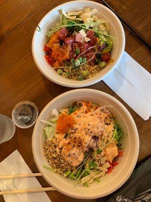 House poke on top, spicy tuna bowl on bottom.