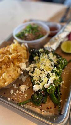 Broccolini; Mac n cheese; carnitas