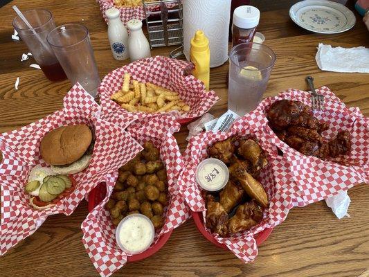 Burger, Okra, Fries, Bone in Asian Zing wings, Boneless Honey BBQ wings