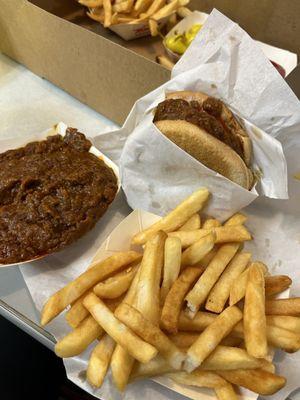 Burger and chili fries