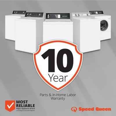 Speed Queen is offering 10 Year Parts and Labor Warranty  on all Washers and/or Dryers purchased thru August.