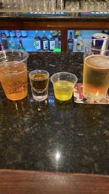 Red Bull, Landon's pickle juice, Tully whiskey, Michelob Ultra