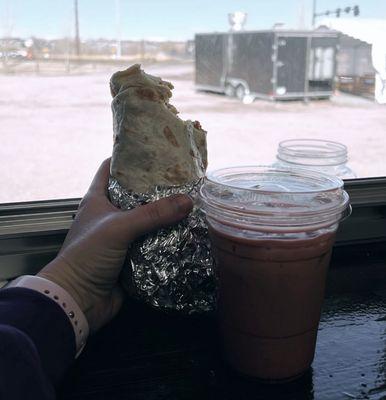 Bacon Breakfast Burrito and a Little ChaiMaid from Deja Brew beside them @ Flat Acres Farm