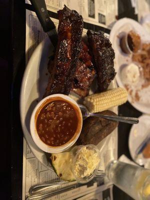 Beef Ribs, Baby Back Ribs, baked potato and beans