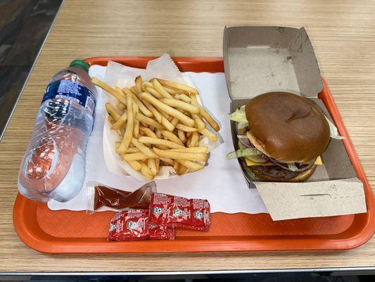 Cheeseburger, fries and water