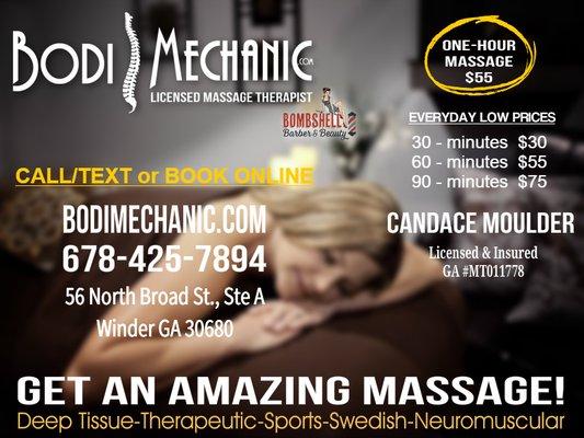 BodiMechanic Massage Therapy with Candace Moulder located at Bombshell Barber & Beauty in Winder GA.