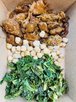 Chicken teriyaki (seitan), steamed chickpeas, steamed kale.