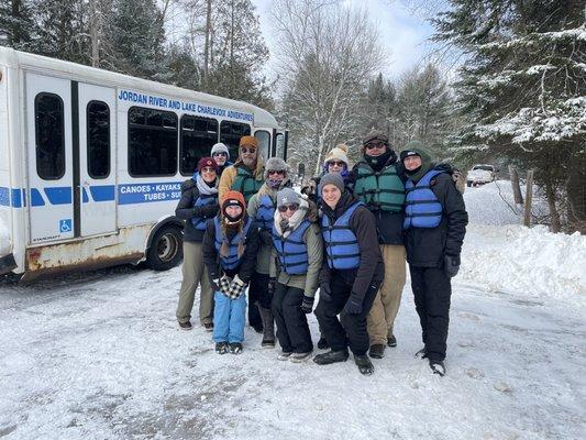 The crew and the shuttle to the drop off point