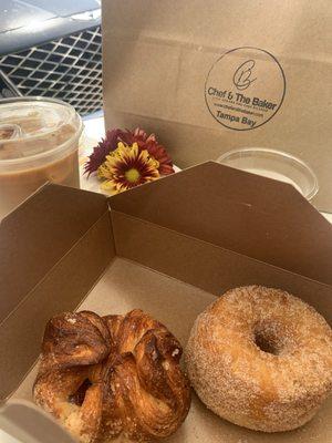 Kouign amann, cinnamon sugar cronut, and their cold brew