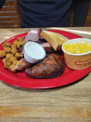 3 meat platter chicken ribs brisket fried okra and mac and cheese