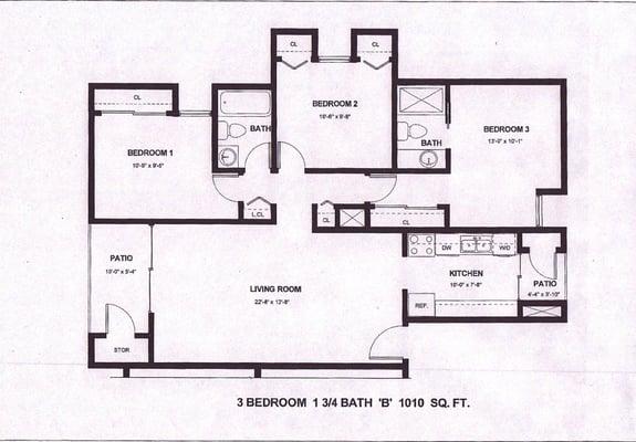 3br 1.75ba 3 bedrooms in a row layout $850