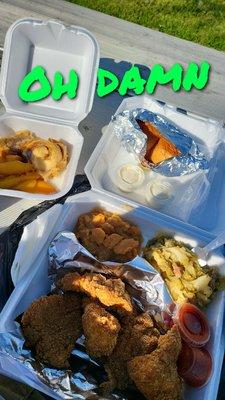 Catfish, Southern Fried Cabbage, Candied Yams, 2 rolls & Peach Cobbler