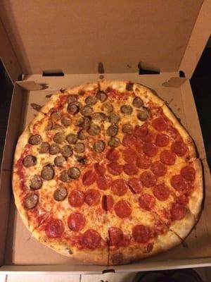 Half pepperoni, half sausage. Delicious.