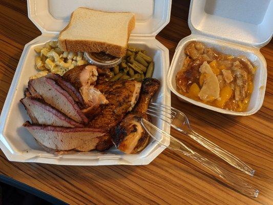 3 meat plate, chicken, brisket, mac & cheese, green beans. Side of peach cobbler!