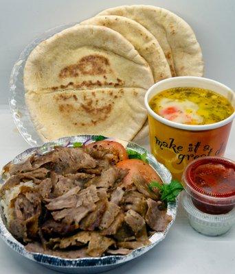 Lamb Gyro Lunch Special: $19.95. Take-out. Shown with rice, bread, and chicken soup.