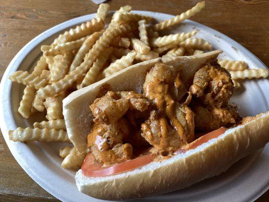 The shrimp po' boy sandwich, minus the lettuce. The fries were seasoned with salt only and a side of ranch.