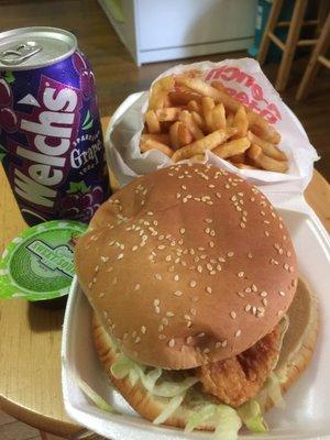 Chicken burger with french fries and drink- crispy fries and hot burger . I like it