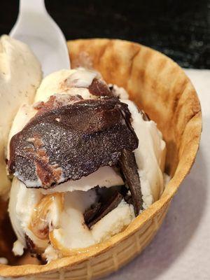 A close-up of the two scoops of ice-cream inside the Waffle Bowl.