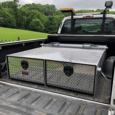 Two drawer heavy duty truck box with custom fork lift bar