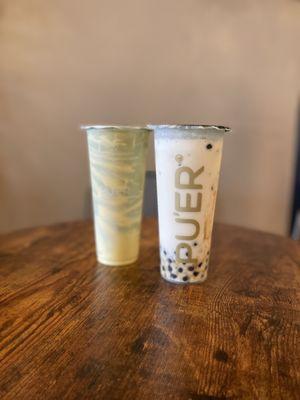 Matcha Brûlée and Jasmine Green milk tea with boba