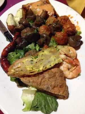 Antipasto Madrid Platter - tortilla espanola, sauteed mushrooms , crab croquettes, cantimpalitos, gambas,  empanada, & albondiga