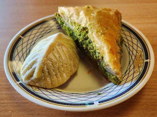 Ma'amoul cookie & baklava, both pistachio filled.