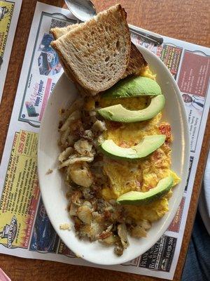 Cheddar Avocado Omelette with potatoes and rye toast