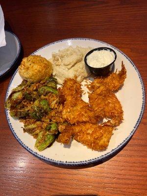 Parrot Isle Jumbo Coconut Shrimp with Mashed Potatoes and Crispy Brussels Sprouts