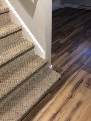 Basement remodel. New carpeted stairs and luxury vinyl plank throughout by Cardoza Flooring.