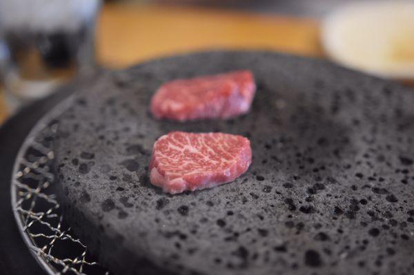 Wagyu beef on burning stone, yum