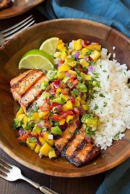 Salmon with Mango Salsa
Savor our perfectly grilled salmon, topped with a refreshing mango salsa that combines sweet and tangy flavors.