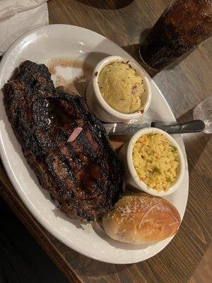 Ribeye steak with twice baked potatoes and house rice