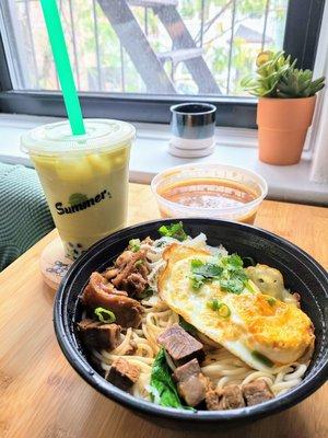 Matcha bubble tea and "Premium Ramen Noodle Soup"--yum