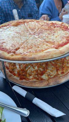 Buffalo chicken pizza, cheese pizza