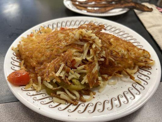 Double order hash browns smothered, diced and peppered! My usual!