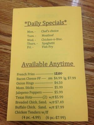 Specials and additional menu as of 12/14/14