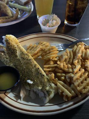 Baked cod plate with waffle fries and coleslaw