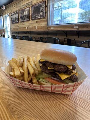 Triple cheeseburger with fries