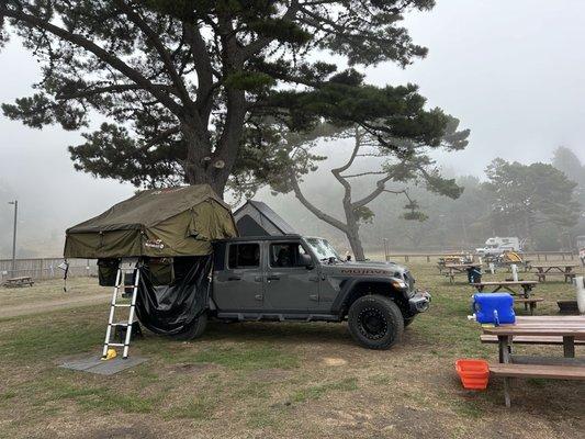 Jeep with roof top tent at Shelter Cove Campground