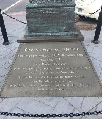 Plaque at foot of beloved Ginsberg Clock located at Reno City Plaza