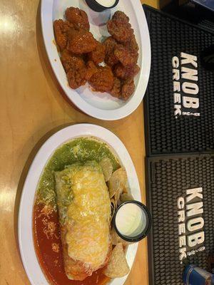 Left: buffalo and sweet chili wings  Right: wet burrito half green half red