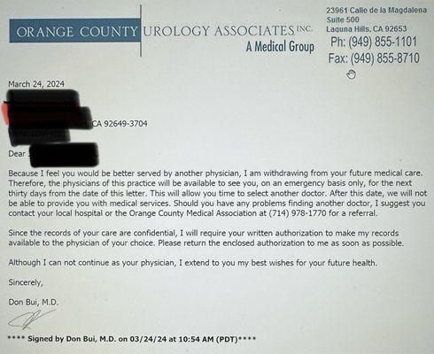 Letter from Dr. Bui termination our medical relationship.